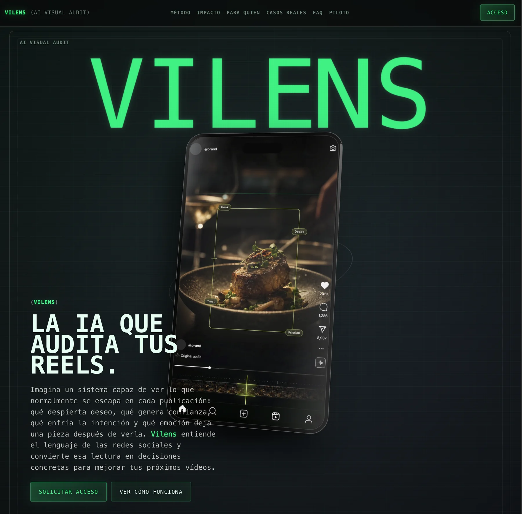 Web de Vilens mostrando el análisis visual de un reel